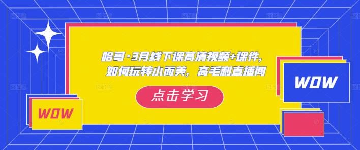 mp1883期-哈哥·3月线下实操课高清视频+课件，如何玩转小而美，高毛利直播间(哈哥线下实操课深度解析直播间运营策略文章摘要本文主要介绍了哈哥的3月线下实操课程，该课程以实操为主，涵盖了如何玩转小而美、高毛利直播间的各个方面。课程内容包括循环脚本的搭建、塑品逼单的方法、0粉起号前的准备工作、自然流量起号稳号核心千川的介入方式等。哈哥团队还分享了带货的核心话术框架和转化率拉爆的核心方法。此外，课程还详细讲解了千川实操、付费团队的组织构架、付费如何拉爆自然流量等内容。课程以实操为主，哈哥可在现场教大家找类目词，也可以现场搭建计划，将会把我们自己的实操案例拆解和我们的项目进行拆解。)